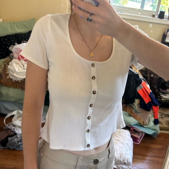 H&M White Crop Top Buttons Ribbed - Picture 2 of 4